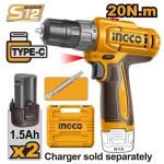 INGCO CDLI12206 - Perceuse Visseuse Sans Fil 12V - Couple 20Nm - Mandrin Auto 10mm - Pack 2 Batteries 1.5Ah + Chargeur - Lumière LED - Vissage & Perçage Compact Pro