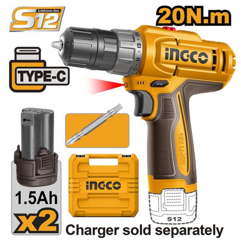 INGCO CDLI12206 - Perceuse Visseuse Sans Fil 12V - Couple 20Nm - Mandrin Auto 10mm - Pack 2 Batteries 1.5Ah + Chargeur - Lumière LED - Vissage & Perçage Compact Pro