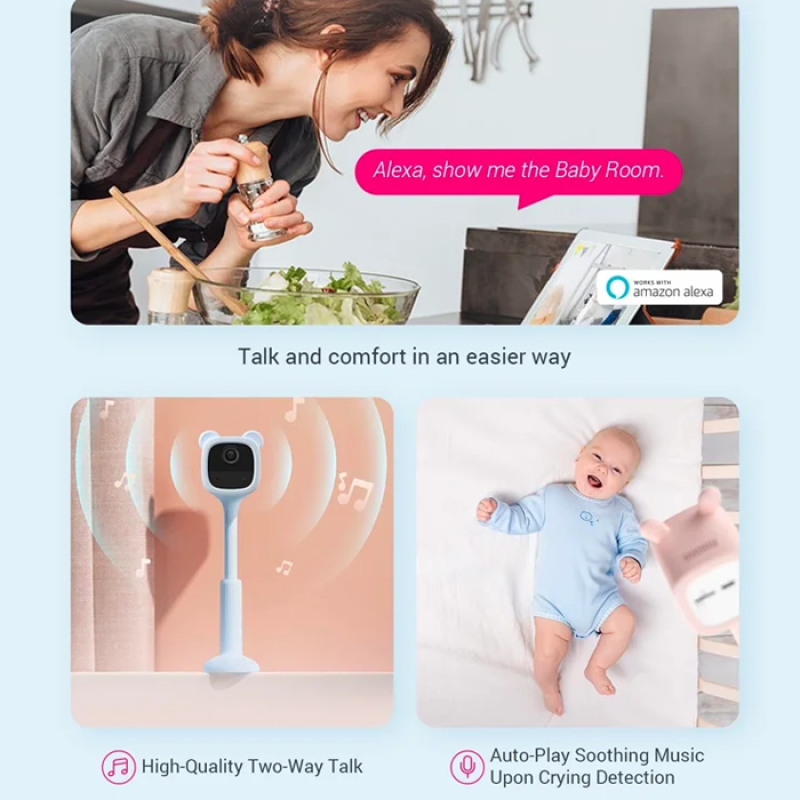EZVIZ BM1 - Babyphone alimenté par batterie avec technologie d’intelligence artificielle, Lecture automatique d’une musique apaisante/ Détection des pleurs / Alertes hors du berceau / Entendez et parlez à votre enfant