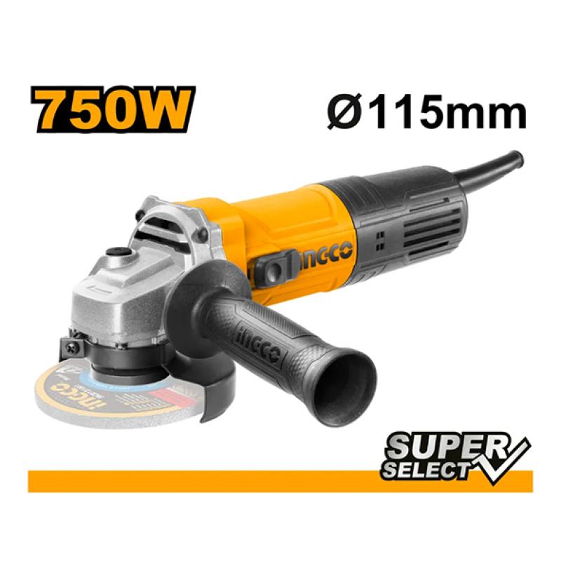 INGCO AG75028 - Meuleuse Angulaire Filaire 750W - Disque 115mm - 12000 tr/min - Broche M14 - Carter de Sécurité & Poignée Auxiliaire - Tronçonnage & Meulage Pro