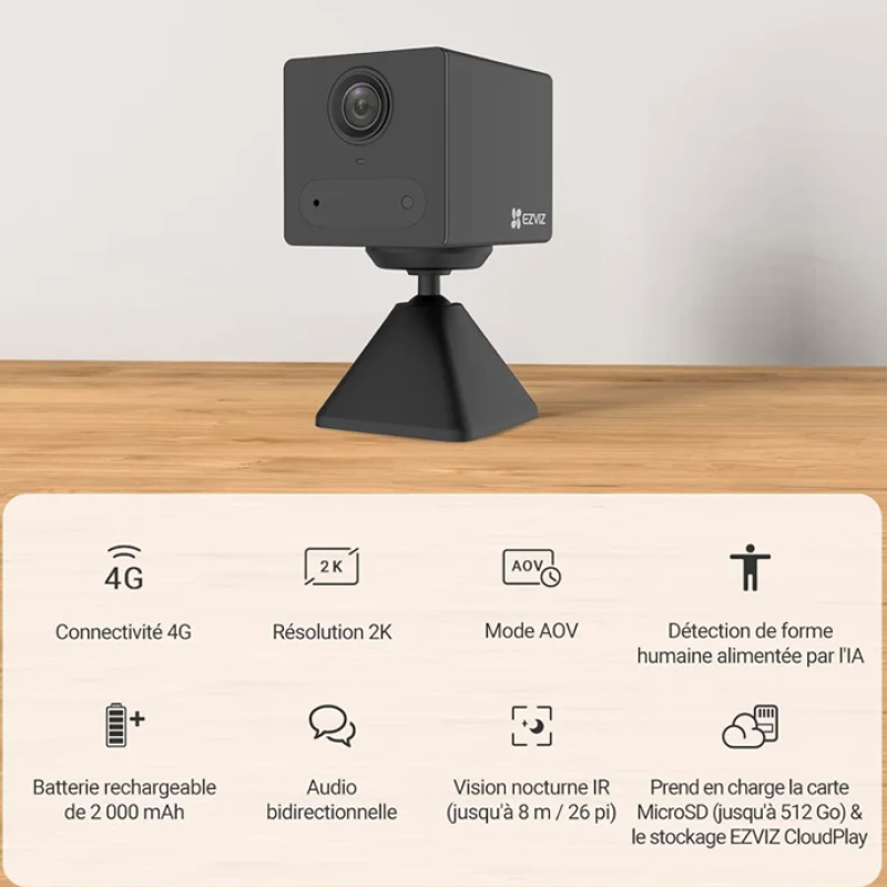 EZVIZ 2K 4G Caméra intérieure sans Fil +Batterie Externe, Mode AOV, Détection de Personne, Carte SD jusqu'à 512 Go (Non Incluse), Vidéo Time-Lapse, Audio Bidirectionnel, Design compacte, CB2 Kit Noir