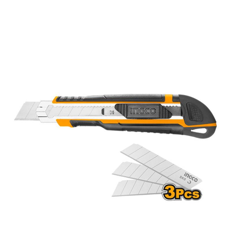 INGCO HKNS28035 - Set de 3 Cutters Professionnels à Molette 18x100mm - Lames Acier SK5 - Longueur 167mm - Verrouillage Sécurisé par Molette