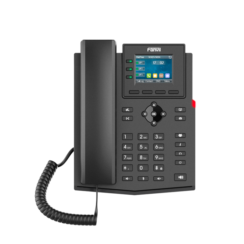 Fanvil X303W, Téléphone IP d'entreprise Wi-Fi 2,4 GHz et 5 GHz intégré - 4 Comptes SIP - Ecran Couleur 2.4" (320 X 240) - Wi-Fi 2.4GHz & 5GHz intégré - Conférence locale à 6 participants - EHS - 2 X 10/100