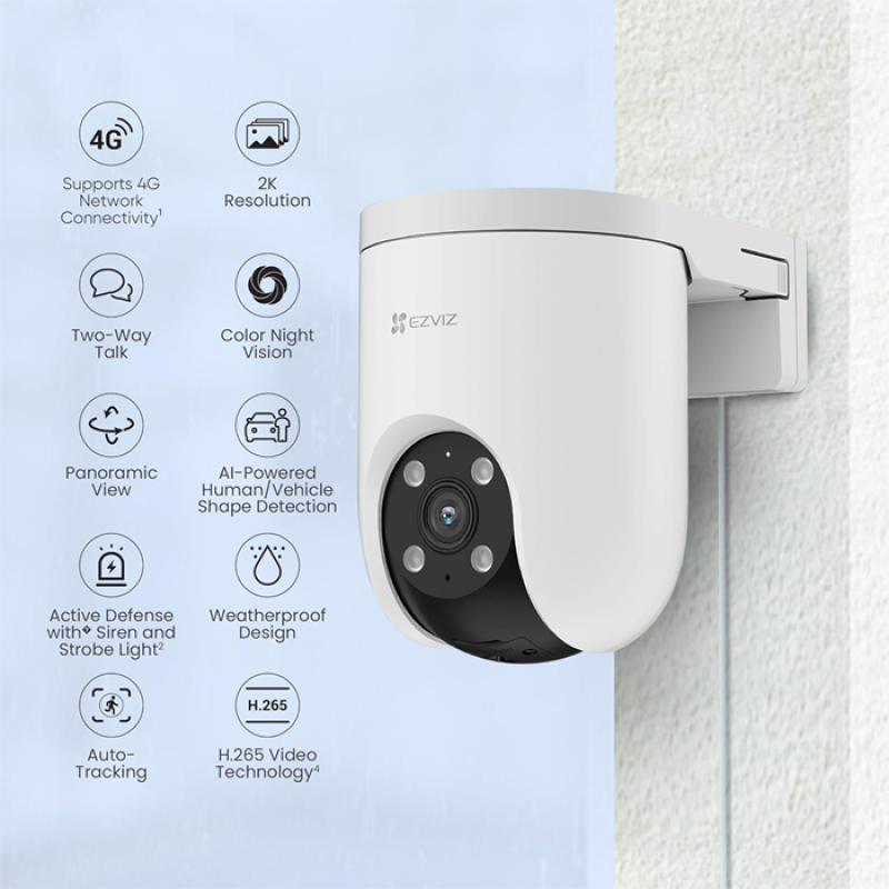 EZVIZ H8c 3MP - 4G [puce] - (Pas Wi-Fi - Caméra Filaire, pas de batterie - Caméra de Surveillance Extérieure, jusqu'a 30 m - Défense active avec Siren et Strobe Light 2 - Détection humaine / de la forme du véhicule alimenté par l'IA