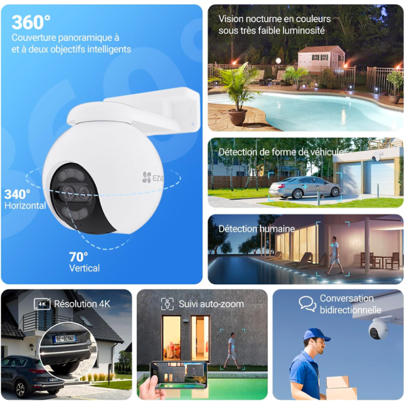 EZVIZ H80x Caméra Surveillance WiFi Extérieure 4K à Double Objectif, Colorfull Vision Nocture, Détection de Personnes/Véhicules, Zoom et Suivi automatiques, Défense Active, Audio Bidirectionnel