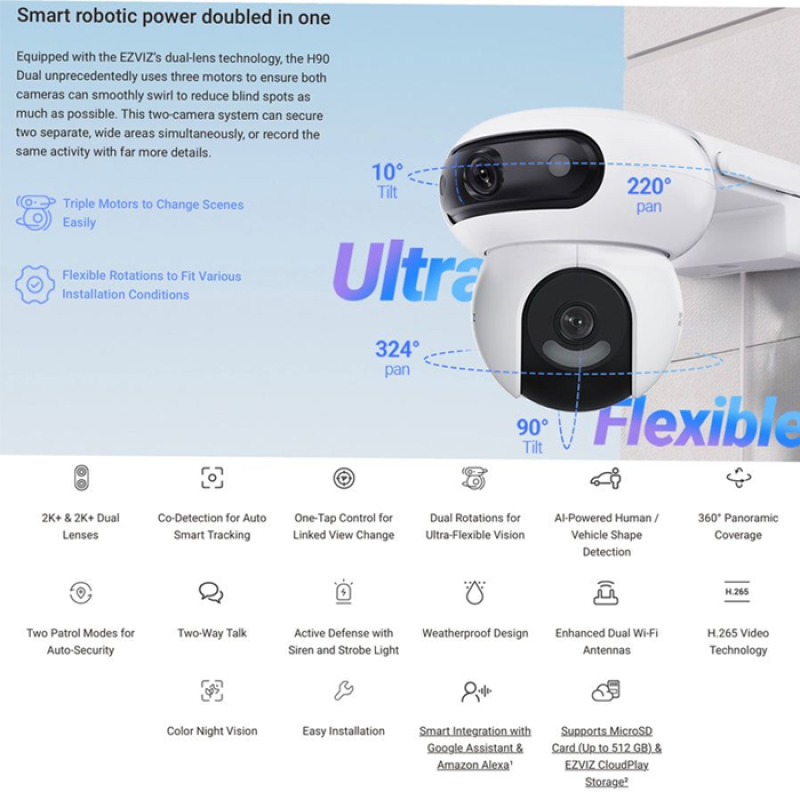 EZVIZ CS-H90 (4MP+4MP, 2,8 mm/6 mm, Caméra extérieure contrôlable vision nocturne couleur, IP65) - Suivi automatique - intelligence artificielle et vision couleur de nuit