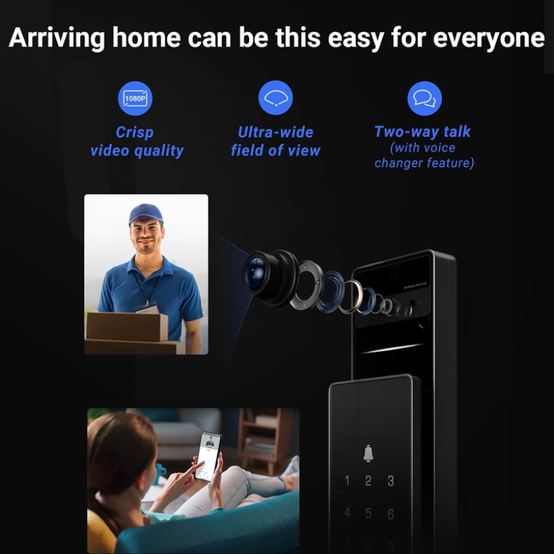 Serrure intelligente EZVIZ DL50FVS, serrure de porte d'entrée sans clé 8 en 1, serrure de porte à reconnaissance faciale 3D, stockage intégré de 8 Go, vision nocturne de 2 mètres, interphone actif, télécommande par application