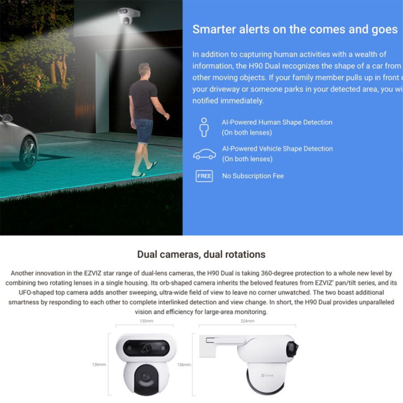 EZVIZ CS-H90 (4MP+4MP, 2,8 mm/6 mm, Caméra extérieure contrôlable vision nocturne couleur, IP65) - Suivi automatique - intelligence artificielle et vision couleur de nuit