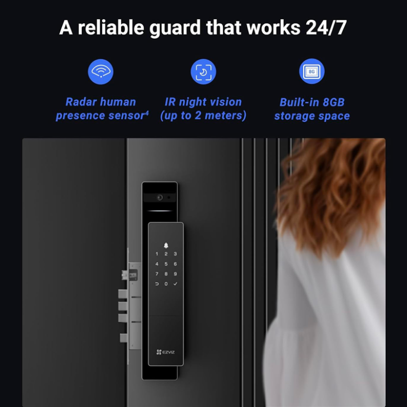 Serrure intelligente EZVIZ DL50FVS, serrure de porte d'entrée sans clé 8 en 1, serrure de porte à reconnaissance faciale 3D, stockage intégré de 8 Go, vision nocturne de 2 mètres, interphone actif, télécommande par application