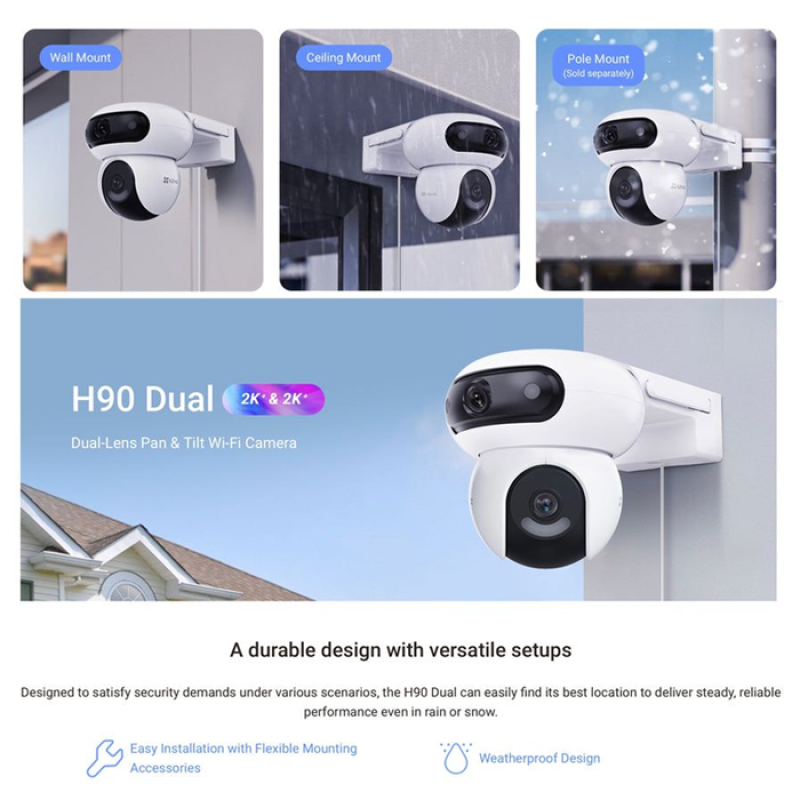 EZVIZ CS-H90 (4MP+4MP, 2,8 mm/6 mm, Caméra extérieure contrôlable vision nocturne couleur, IP65) - Suivi automatique - intelligence artificielle et vision couleur de nuit