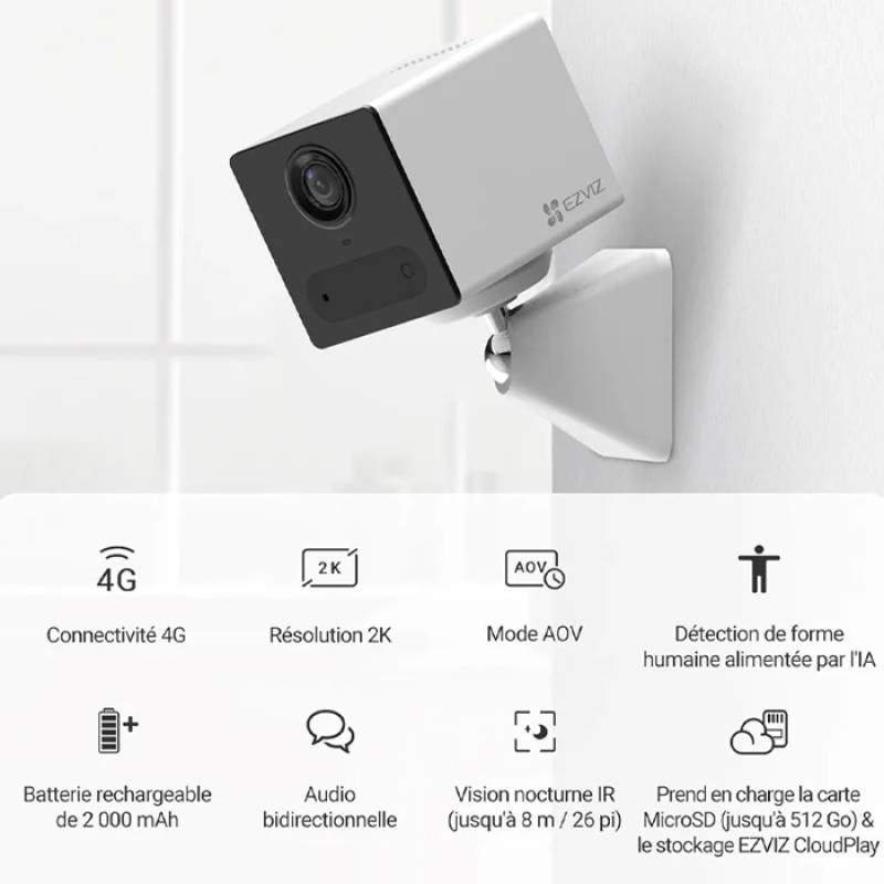 EZVIZ 2K 4G Caméra intérieure sans Fil +Batterie Externe, Mode AOV, Détection de Personne, Carte SD jusqu'à 512 Go (non incluse), Vidéo Time-lapse, Audio Bidirectionnel, design compacte, CB2 Kit Blanc
