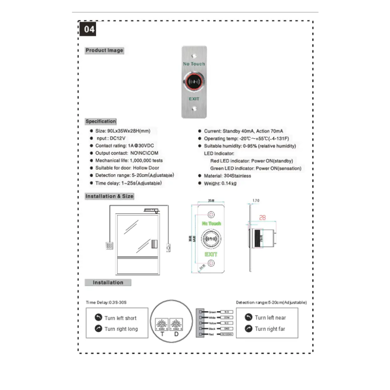 HIKVISION DS-K7P04A Bouton-poussoir sans contact. Panneau en acier inoxydable, indicateur LED. Alimentation : 12-24 V CC, 1 A.Convient à tous types de portes et de cadres