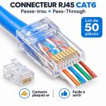 Connecteur RJ45 Cat6 Passe-Trou ( Pass-Through ) - Fiche Réseau Plaquée Or, Facile à Sertir, Lot de 50 pcs
