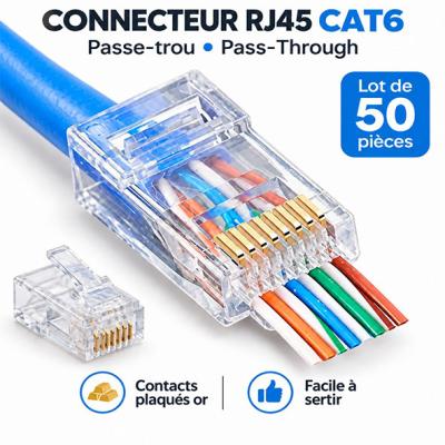 Connecteur RJ45 Cat6 Passe-Trou ( Pass-Through ) - Fiche Réseau Plaquée Or, Facile à Sertir, Lot de 50 pcs