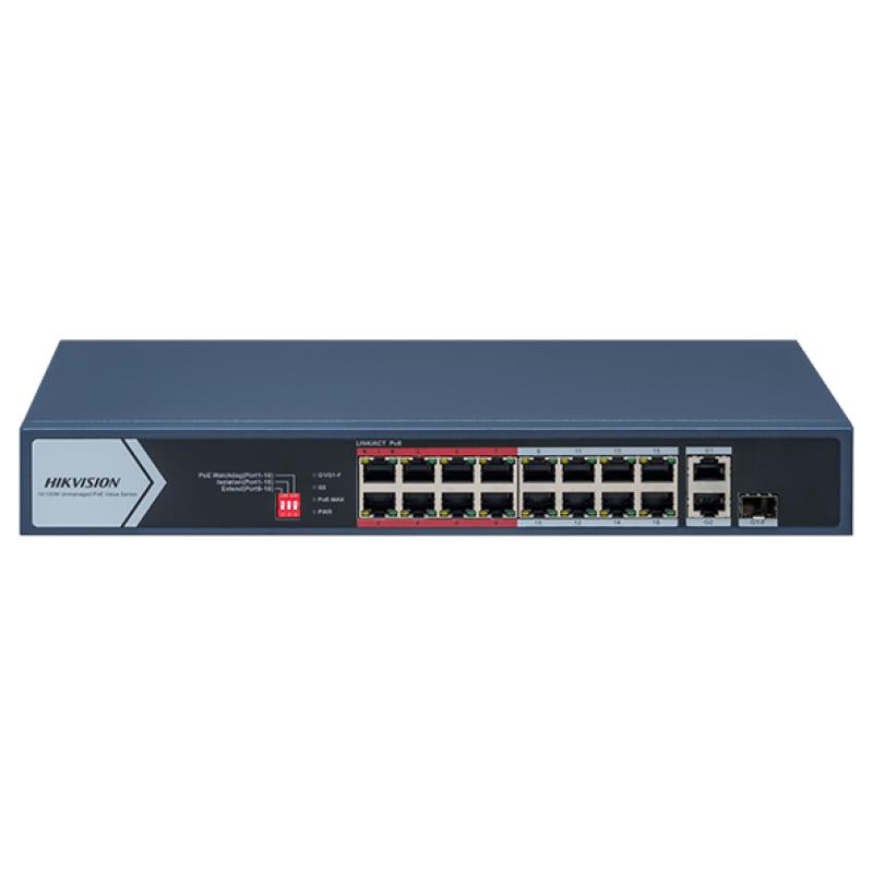 Hikvision DS-3E0318P-E/M(C) - Switch PoE 18 Ports (16 Ports PoE 130W + 1 Uplink Gigabit + 1 Combo RJ45/SFP) - Mode Longue Portée 300m - Isolation VLAN & VIP Port - Protection Surtension 6kV - Réseau Vidéosurveillance Pro