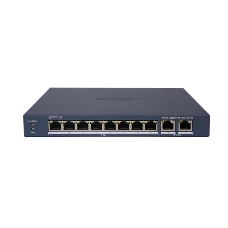 Hikvision DS-3E1510P-EI/M - Switch PoE Gigabit Smart Managed 10 Ports (8 Ports PoE 60W + 2 Uplink) - Administration Cloud & Watchdog PoE - Transmission Longue Portée 300m - Protection 6kV - Réseau Vidéosurveillance Pro