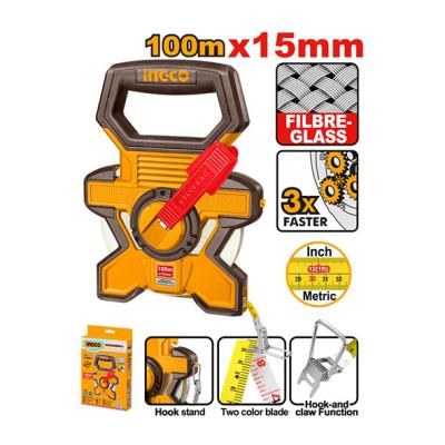 INGCO HFMT18100 - Décamètre Fibre de Verre 100m x 15mm - Enroulement Rapide 3:1 - Châssis Ouvert Antichoc pour Chantier & Topographie