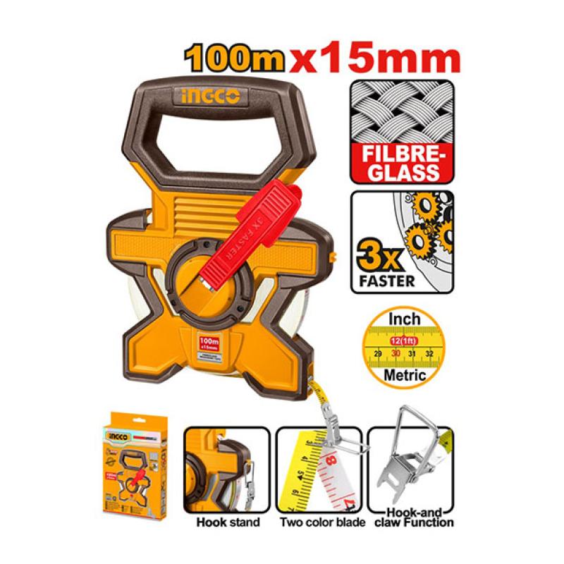 INGCO HFMT18100 - Décamètre Fibre de Verre 100m x 15mm - Enroulement Rapide 3:1 - Châssis Ouvert Antichoc pour Chantier & Topographie